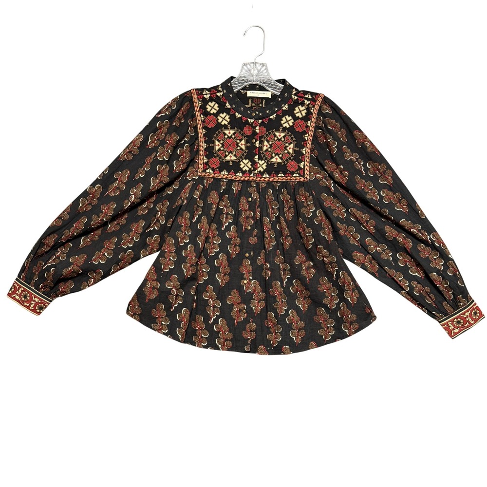 Maison Hotel Blouse Womens XS Black Tan Red Embroidered Floral Boho Cottagecore